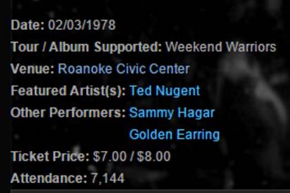 Ted Nugent with Golden Earring and Sammy Hagar show ad February 03, 1978 Roanoke - Civic Center